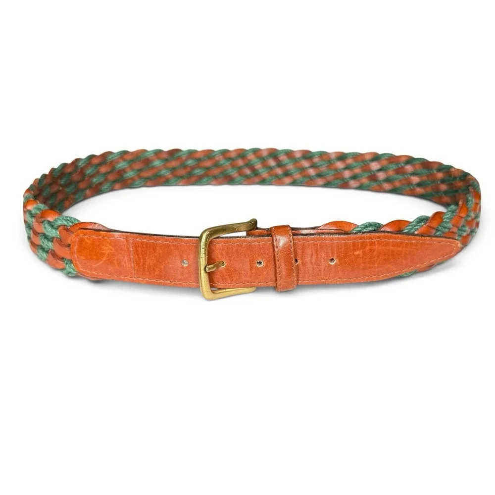 Canali Braided Leather Belt Size 38 Brown Green Made In Italy Gold Buckle